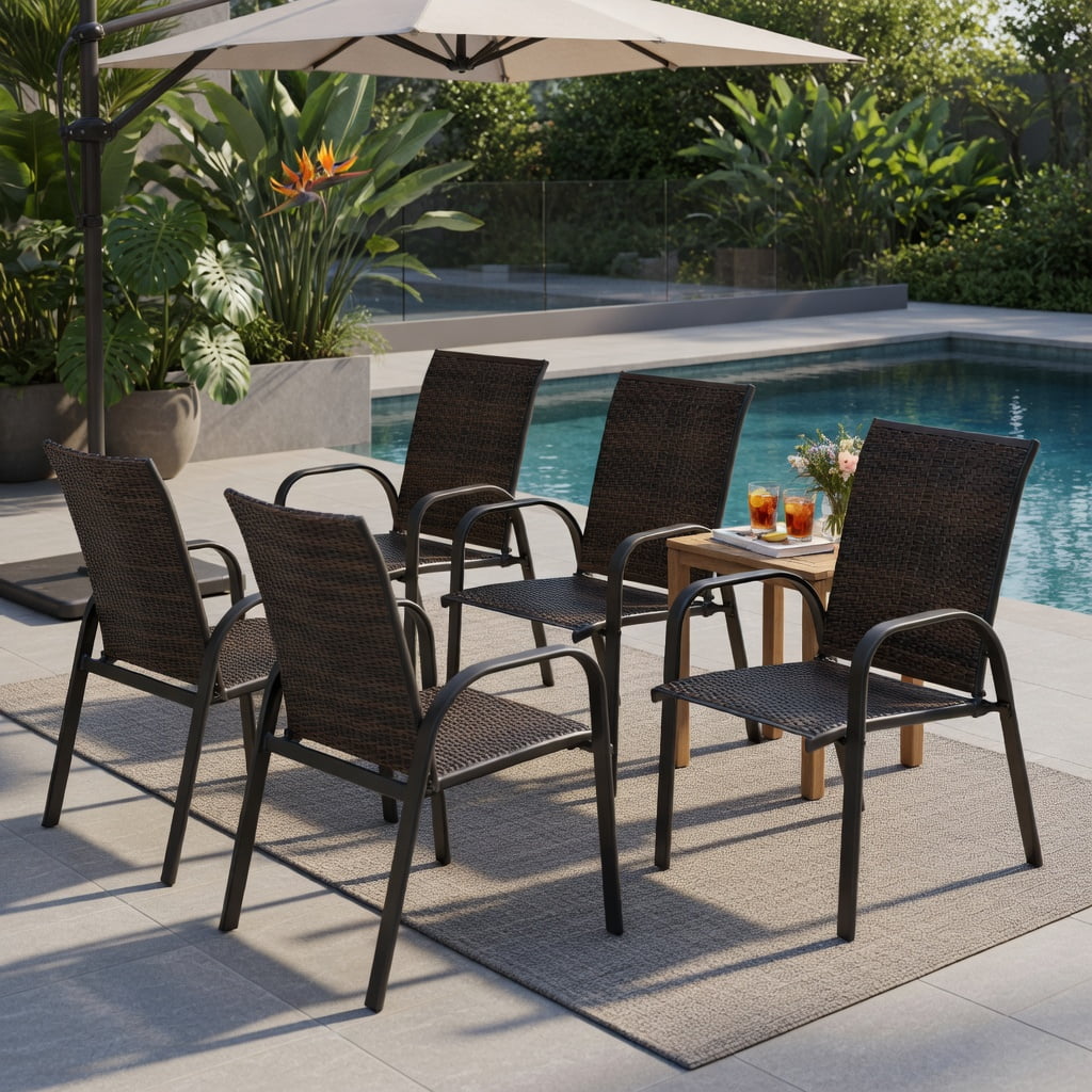 Hommoo 6-Pack Stackable Outdoor Dining Chairs, All-Weather PE Wicker & Rustproof Steel Frame, Patio, Garden & Poolside Use, Brown
