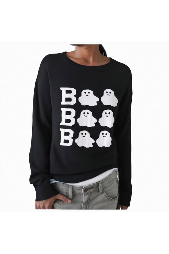 Ghost Face Sweater Halloween Spooky Season Oversized Sweatshirt Women Cute Ghost Sweatshirts Fall Embroidered Sweater Pullover Top Black,S