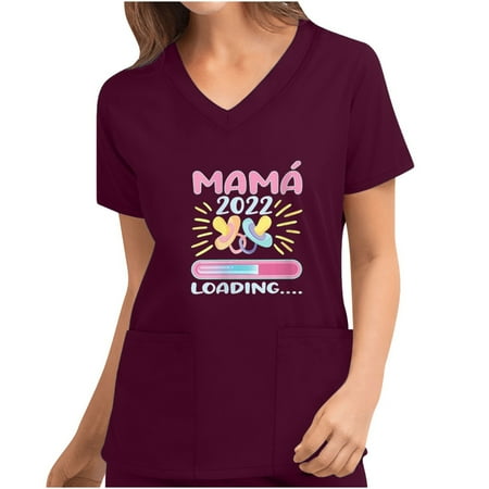 

8th of May Scrub Tops for Women Mother s Day Pockets Tops Short Sleeve V Neck Plus Nurse Workwear