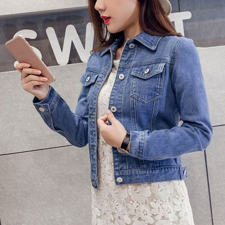 Women Denim Coat Slim Long Sleeve Turn-Down Tops Short Jacket With Pocket