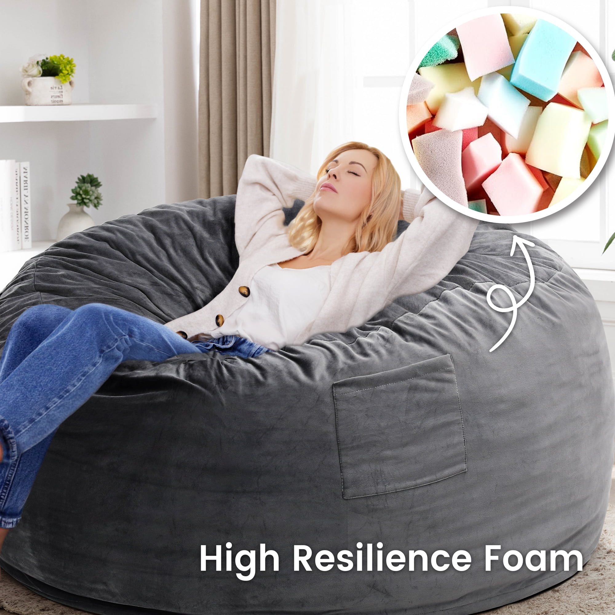 TUAREX 4FT Bean Bag Chair, Memory Foam Bean Bag Chairs for Adults, with Removable Washable Soft Suede Cover, Comfy Beanbag Sofa for Living Room, Bedroom, Dark Gray