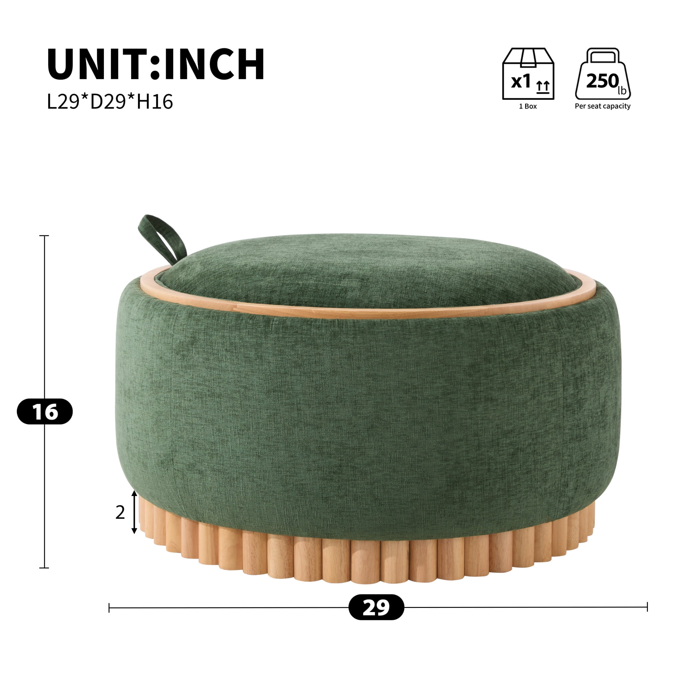 Noble House 29" Round Storage Ottoman with Reversible Wood Tray Lid and Base, Chenille Upholstered Footrest, Green