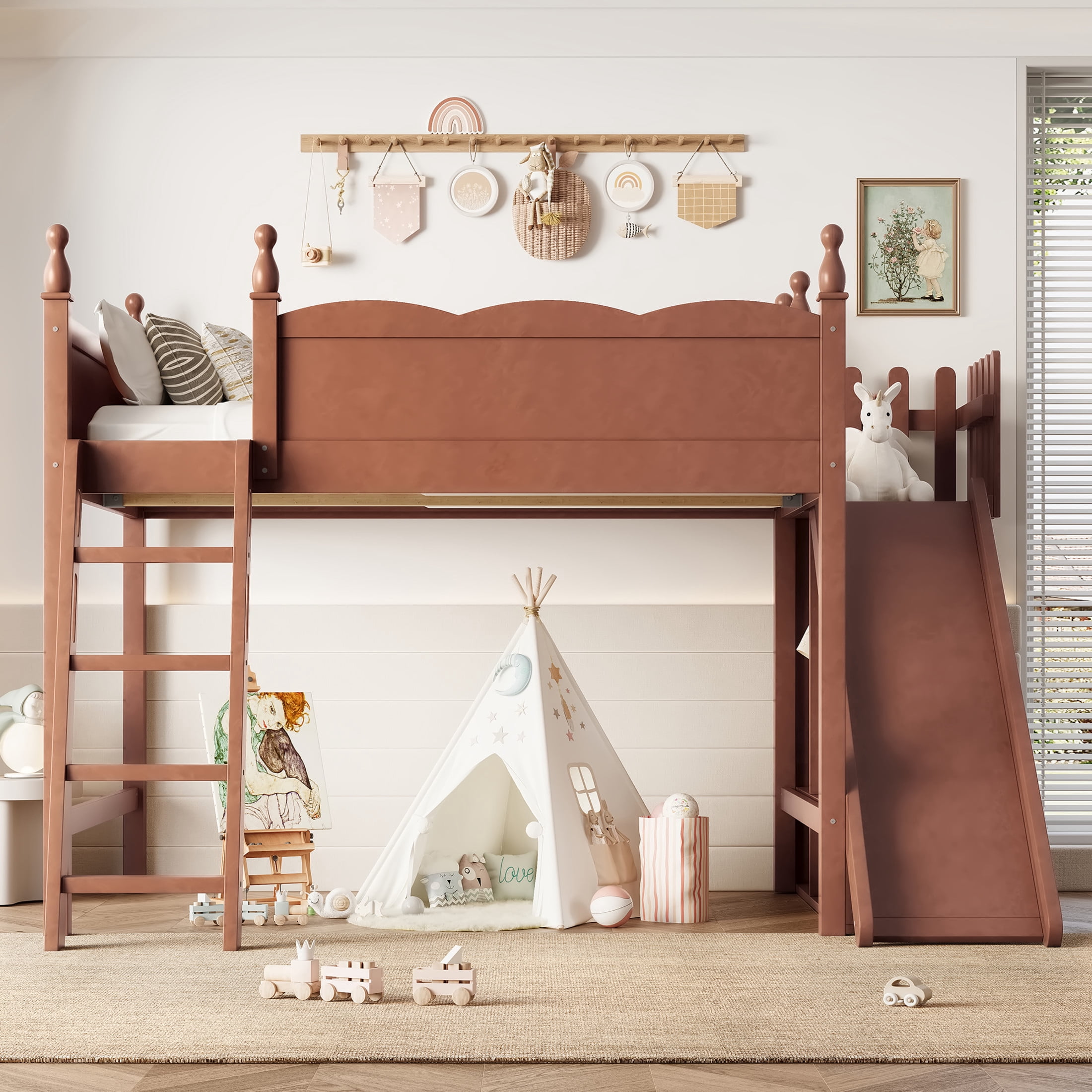 Noble House Full Loft Bed with Storage Shelves, Detachable Slide and Ladder, Antique Natural