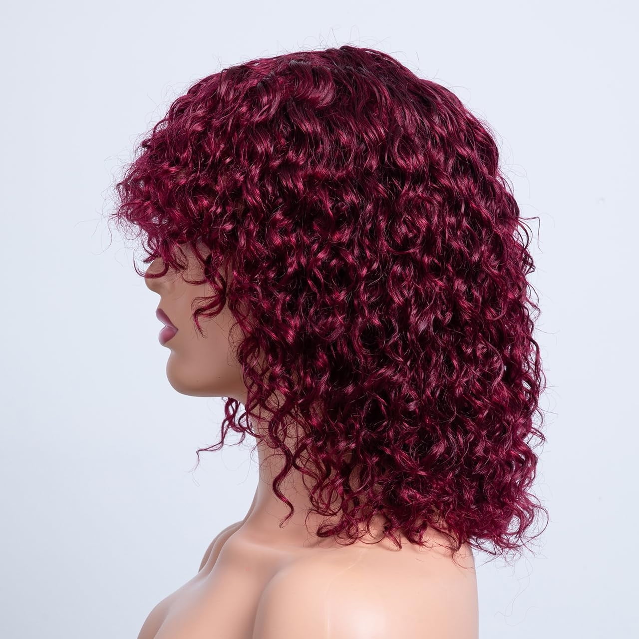 Guoxxzi Curly Bob Wig Human Hair With Bangs for black women Glueless Bob Wig Human Hair short curly wig human hair with bangs, Women's Short Curly Hair With Bangs And Small Curly Hair( Wine Red )