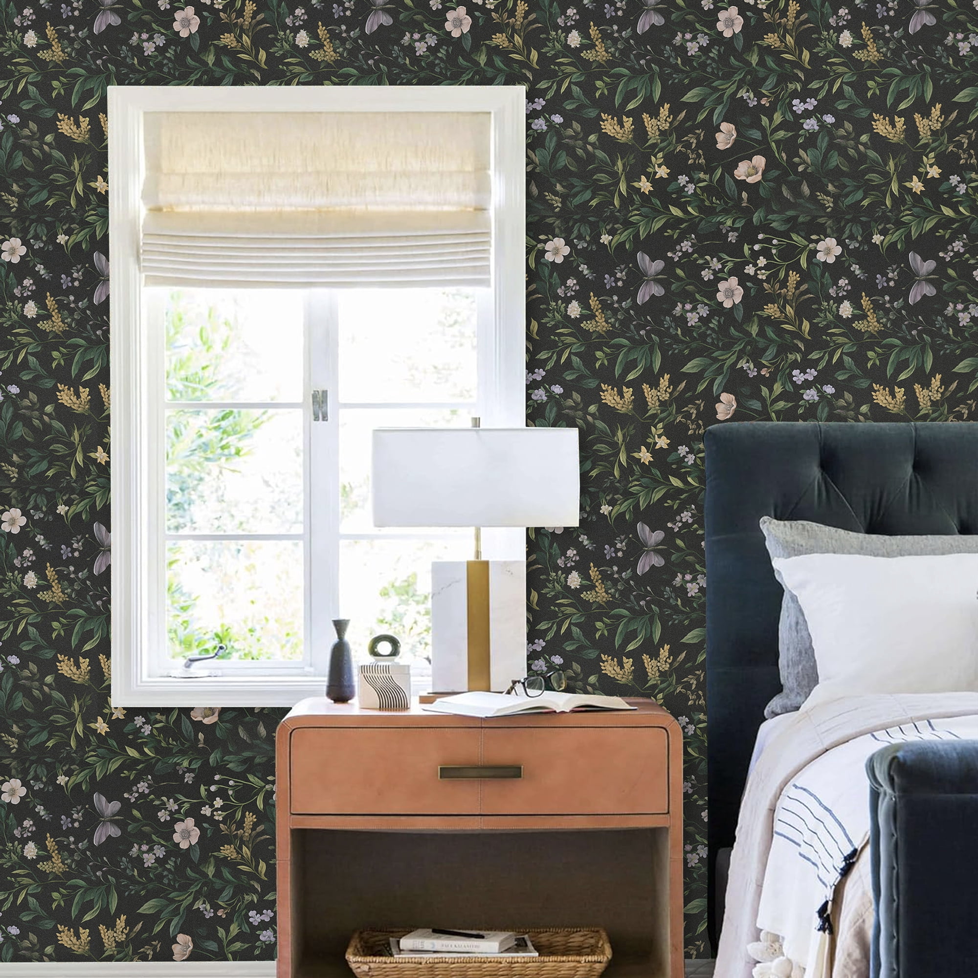 Abyssaly Floral Peel and Stick Wallpaper Self Adhesive Removable Flower Wall Paper 17.3"× 236" / 1 Roll Green Vintage Vinly Contact Paper Waterproof