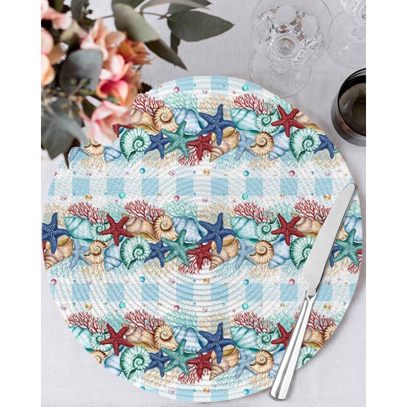 15 Inch Round Placemats Set of 4, Red Starfish Non Slip Heat Insulation PP Table Mats, Summer Conch Coral Beach Blue Plaid Washable Place Mats for Kitchen Dining Party Table Decor