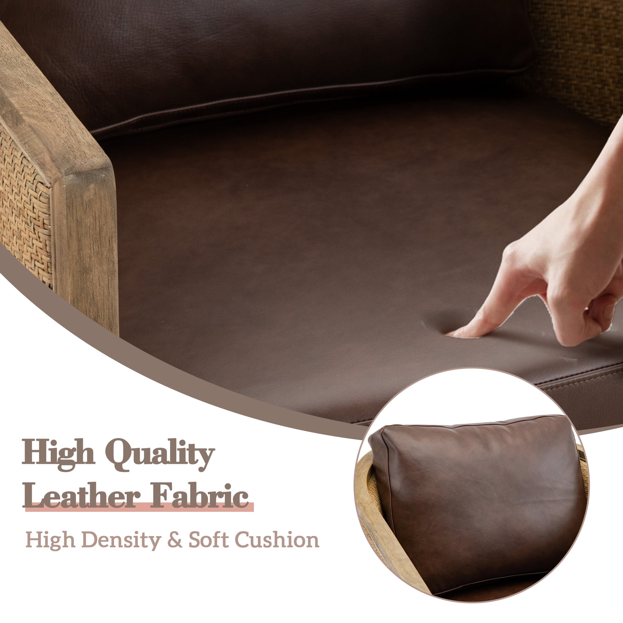 MOONMISS PU Leather Upholstered 360°Swivel Hardwood and Rattan Frame Round Barrel Chair-Brown
