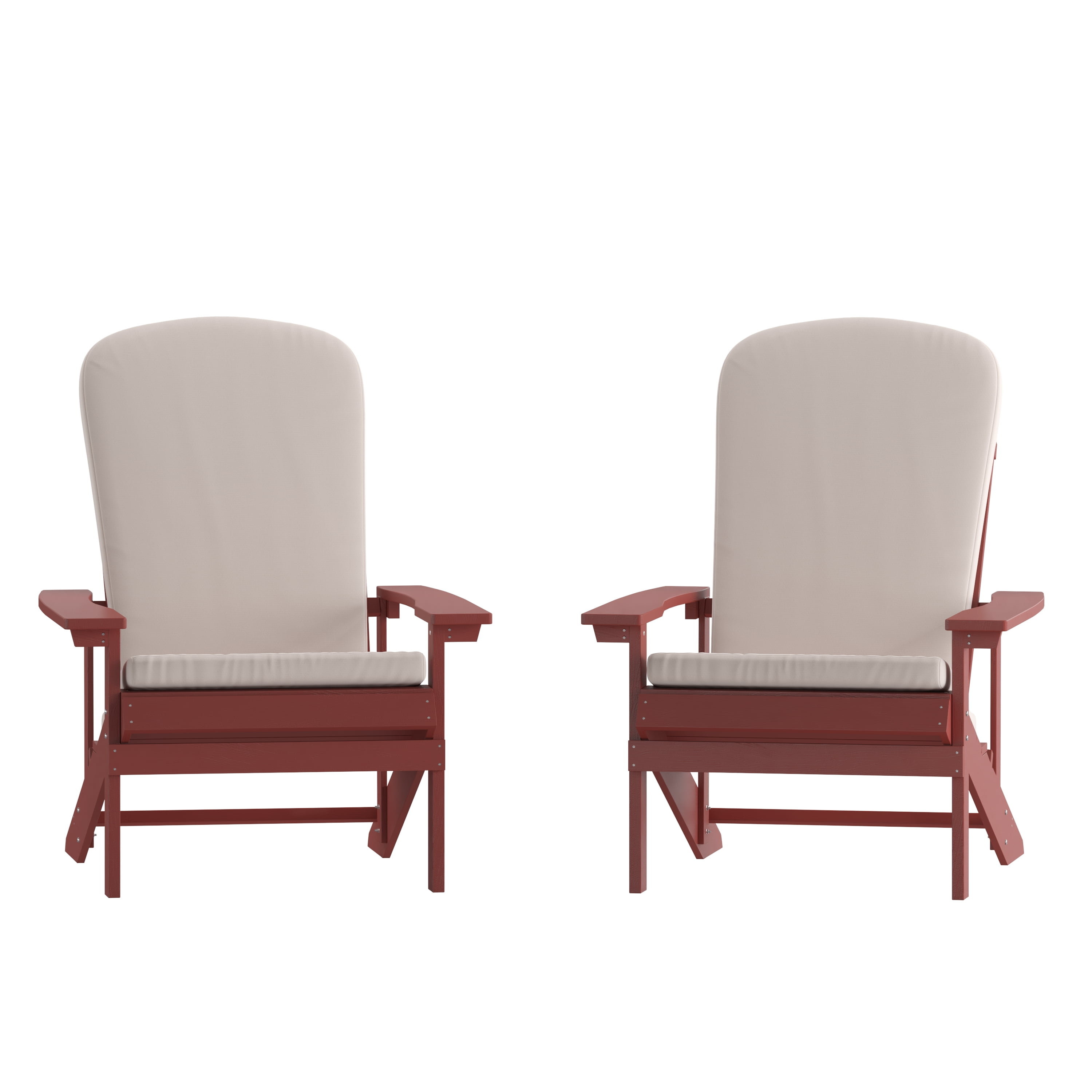 Emma + Oliver Set of Two Red All-Weather Polyresin Adirondack Chairs with Cream Cushions