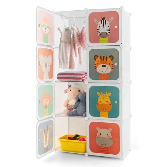 Costway 8-Cube Enfants Garde-Robe Commode Bébé Chambre Armoire Vêtements Suspendus avec Portes
