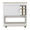 thumbnail image 4 of 37" H light oak/white bar-coffee cart, kitchen or living room cabinet, with 4 wheels, central storage with 2 doors, division for 6 bottles and a shelf with a wooden front on the bottom., 4 of 5