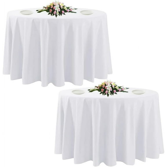 2 Pack White Round Tablecloths, 120 Inch Stain Resistant and Wrinkle Polyester Fabric Washable Table Clothes Cover for Kitchen Dining, Wedding, Reception Banquet, Birthday Party, Buffet Restaurant