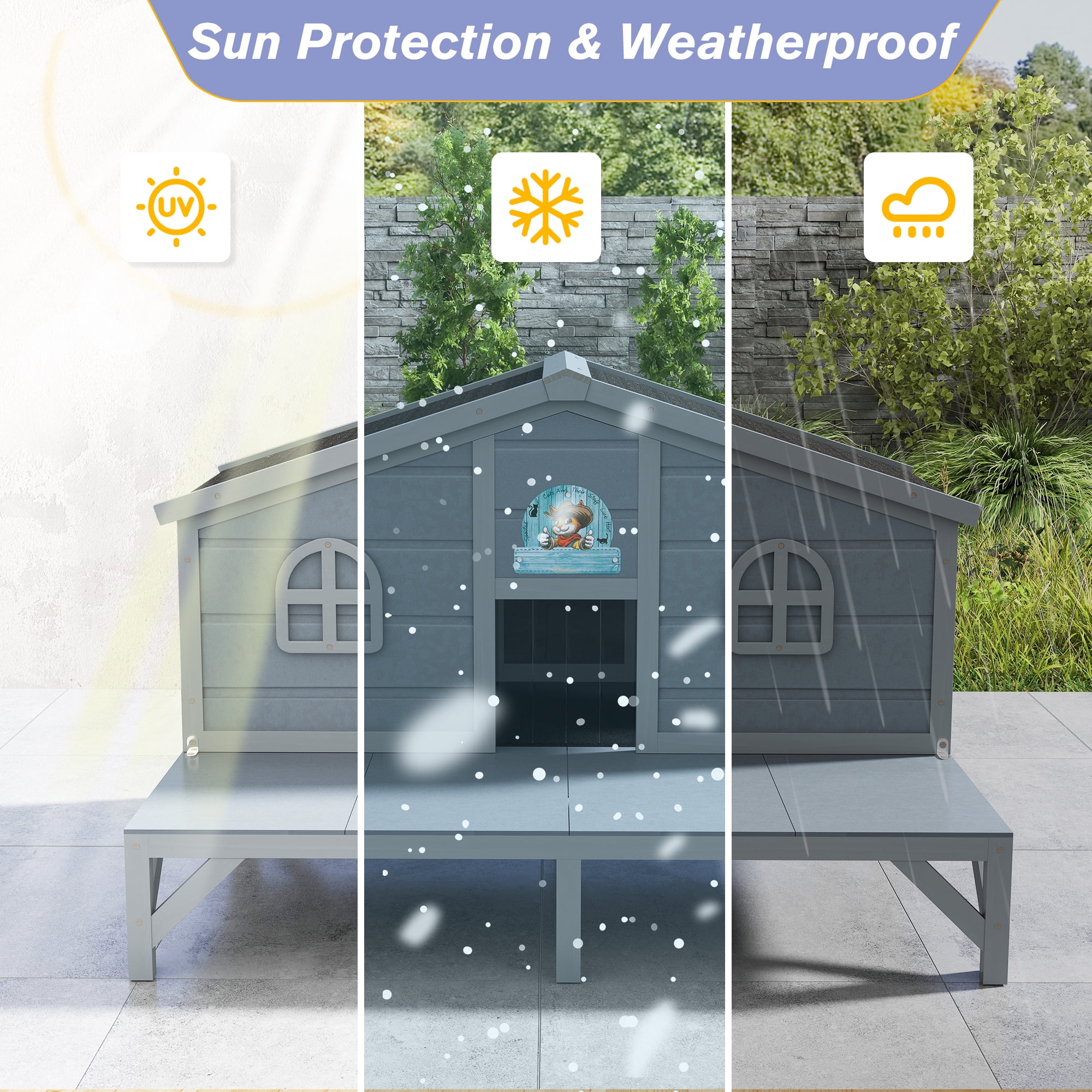 COZIWOW 43in Insulated Cat House for Outdoor Wooden Cat Shelter with Deck, Elevated, Gray