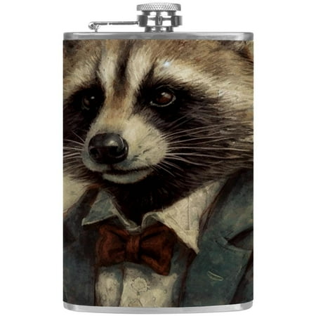 

josid Vintage Raccoon Pattern 3.6x6in Stainless Steel Small Flask Leak-Proof Stainless Steel Construction Wrapped in Premium Two-Layer Leather Nano-Printed Design 227ml Capacity