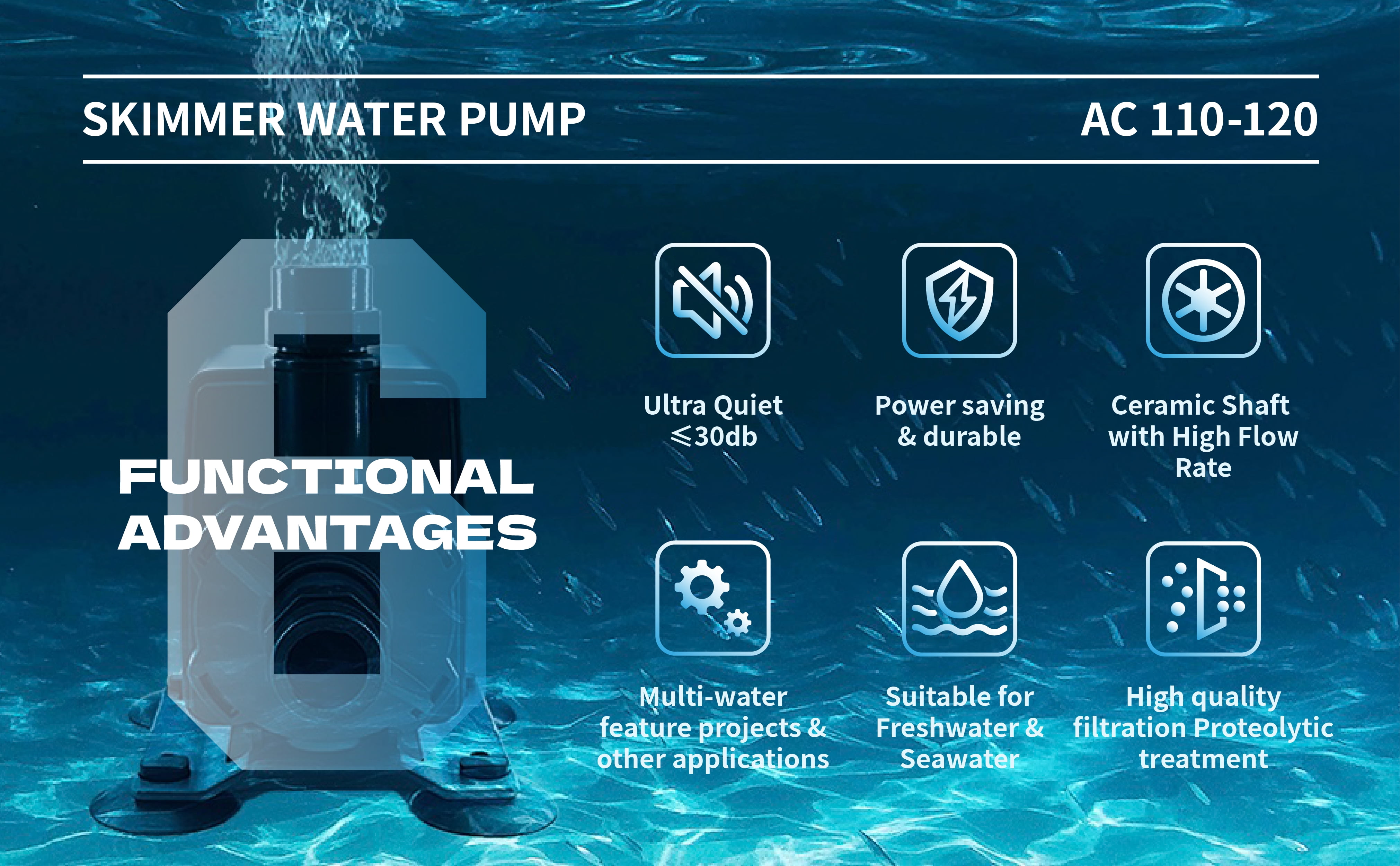 EMPIRE USA - SC Aquariums - PH2000 Skimmer water Pump Submersible Pump (2200L/H 31W 2.2m)  For Pond  Fish Tank Aquarium Aquaculture Black. with Needle Wheel Impeller Sca-302