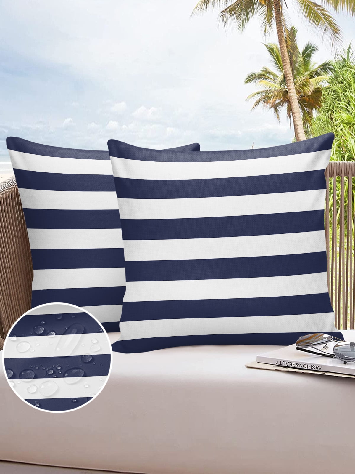 Pack of 2 Outdoor Pillow Covers, Navy Blue White Stripe Waterproof Square Throw Pillowcase Cushion Decorative Pillow Covers for Couch Patio Tent, 16x16 in