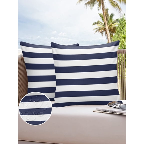 Navy Blue and White Stripe Outdoor Pillow Covers Waterproof Throw Pillow Cover 18x18in Set of 2,Square Decorative Pillowcases Cushion Case for Patio Sofa Couch,Modern Stripes Pattern