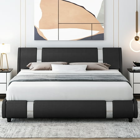 Homfa Queen Size Bed Frame, Modern Leather Upholstered Platform Bed Frame with Adjustable Headboard, Black