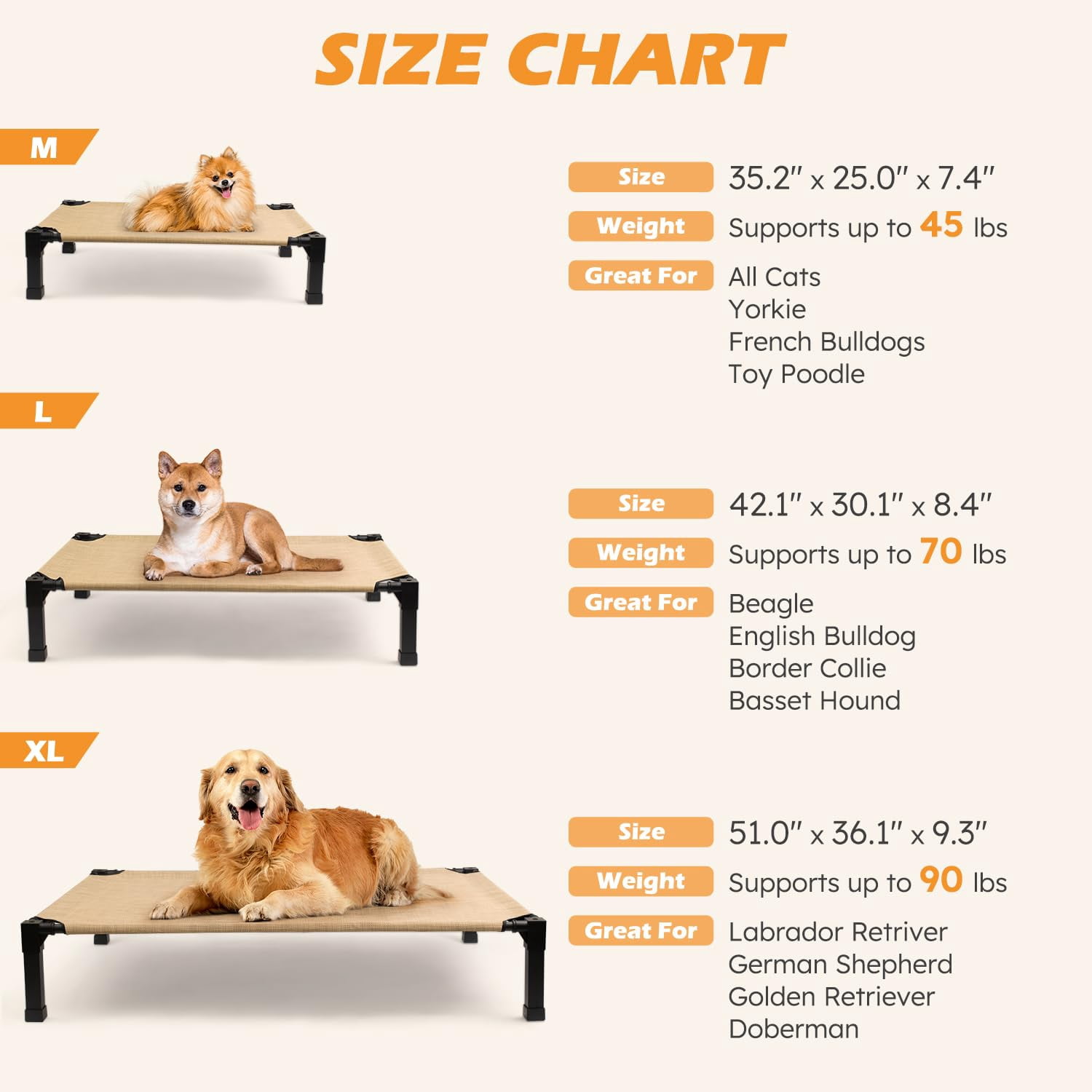 Elevated Dog Bed, Cooling Raised Bed, Portable&No-Slip for Outdoor or Indoor Use, Beige, Large, 51"L x 36"W x 9.3"H