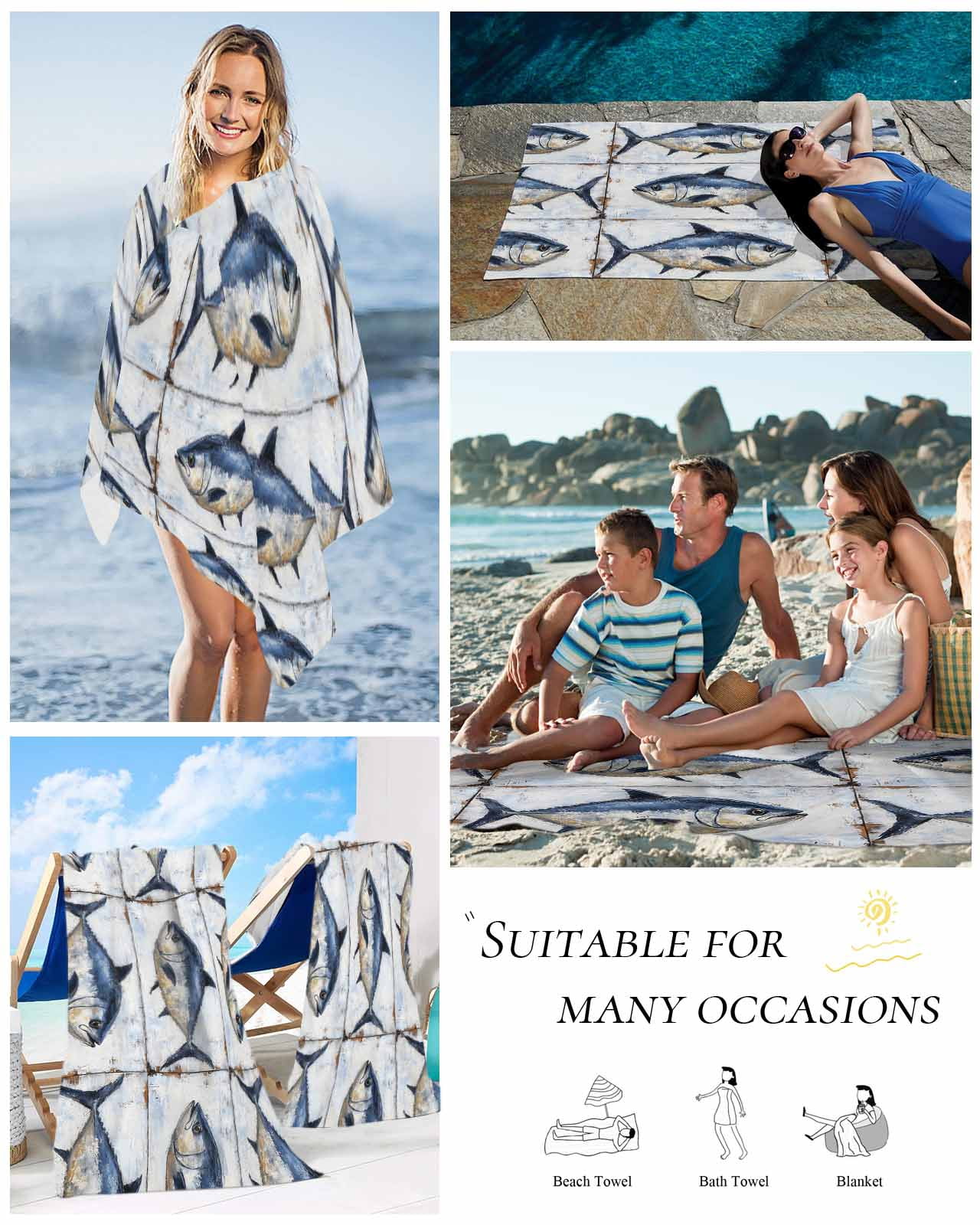 Coastal Fish Beach Towels Oversized Super Absorbent, Oil Painting Ocean Nautical Beach Lightweight Bath Towel Quick Dry Sets For Bathroom/Pool/Rv Camping/Beach Play/Gym Room/Picnic 35"x70"