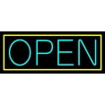 thumbnail image 1 of Aqua Open With Yellow Border LED Neon Sign 10 x 24 - inches, Black Square Cut Acrylic Backing, with Dimmer - Bright and Premium built indoor LED Neon Sign for storefront., 1 of 7