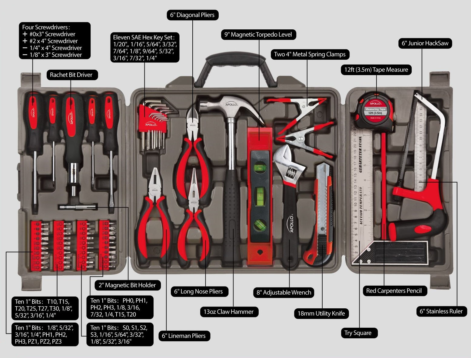Apollo Tools Red 170 Piece Household Tool Kit in New and Improved Tool Box - 1
