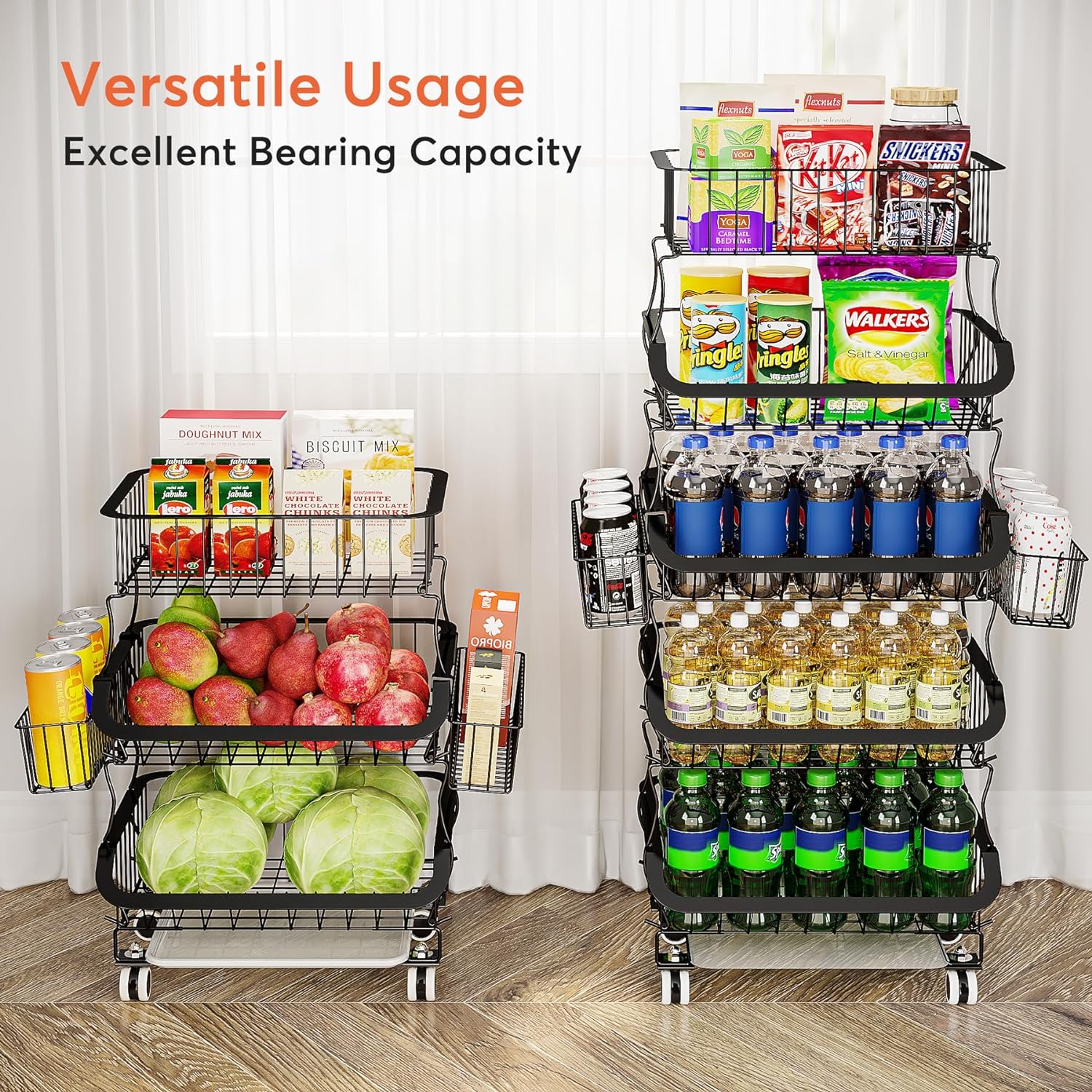 Finmind Fruit Basket,3 Tier Stackable Metal Wire Basket Cart with Rolling Wheels, Utility Rack for Kitchen, Pantry, Garage, With 2 Free Baskets