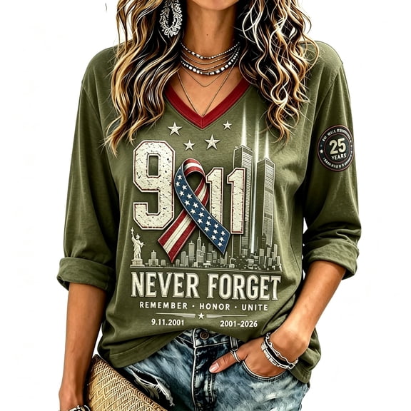 Womens 9/11 25th Anniversary Shirt 3/4 Sleeve Patriotic T Shirts | Never Forget 911 Memorial Shirt,Loose V-Neck Graphic T-Shirt,Printed American Flag T-shirt,Casual Tee Tops, 2XL