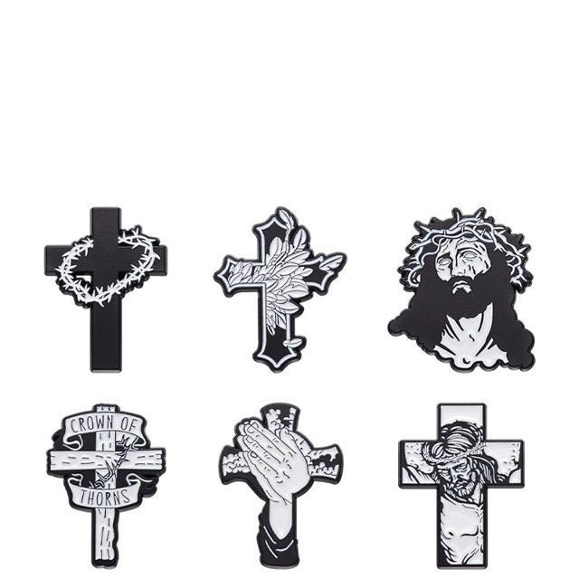 Juego de broches con forma de cruz cristiana, aleación en blanco y negro