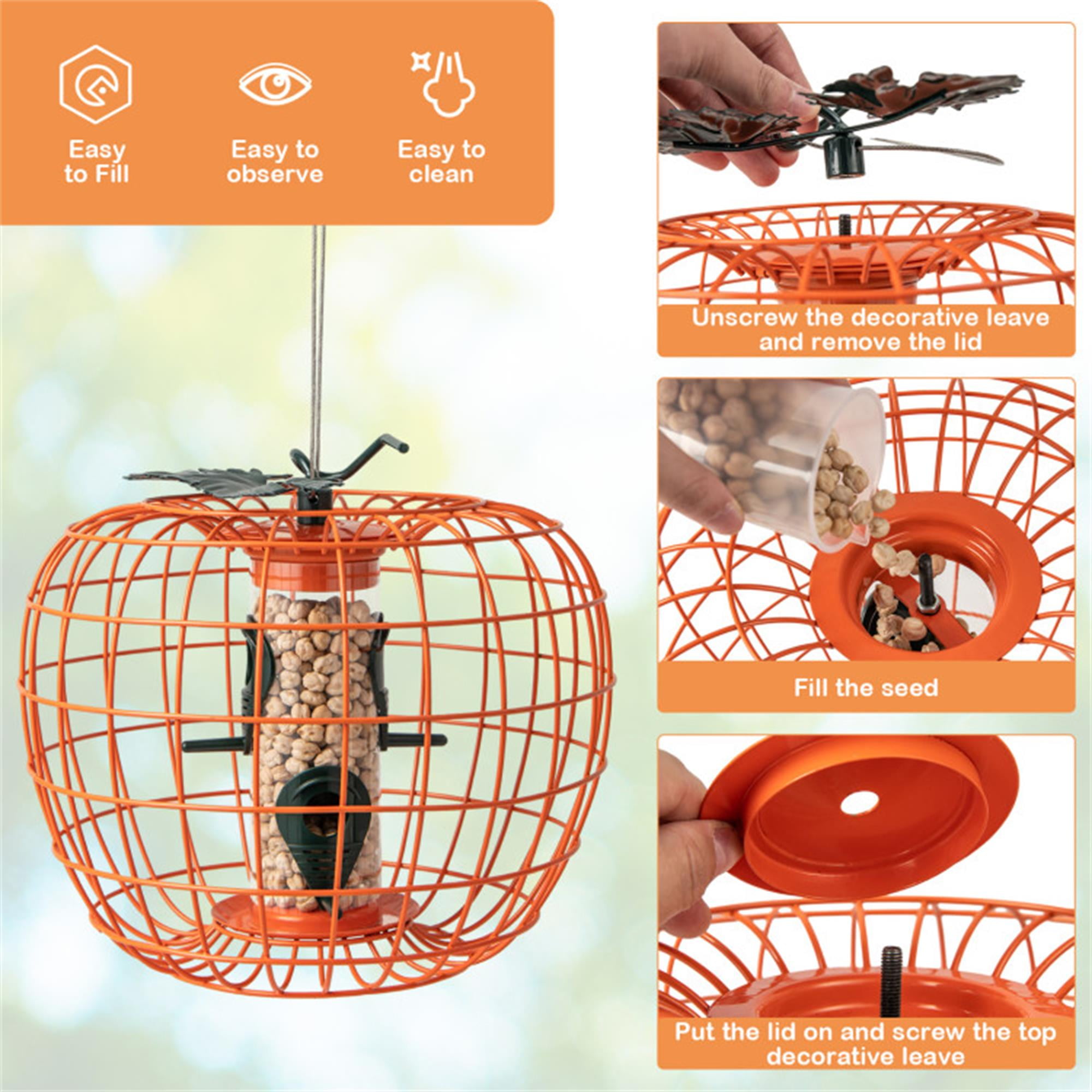 Kadyn 16" Metal Hanging Bird Feeder with Cage and 4 Metal Ports, Squirrel-proof Wild Bird Feeder for Outdoors, Orange