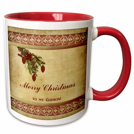 Decorated Christmas Tree With Ribbon 3dRose Christmas Tree Decorated Branch With Red Ornaments, Flowers, and Ribbons, To My Godson - Two Tone Red Mug, 11-ounce ()