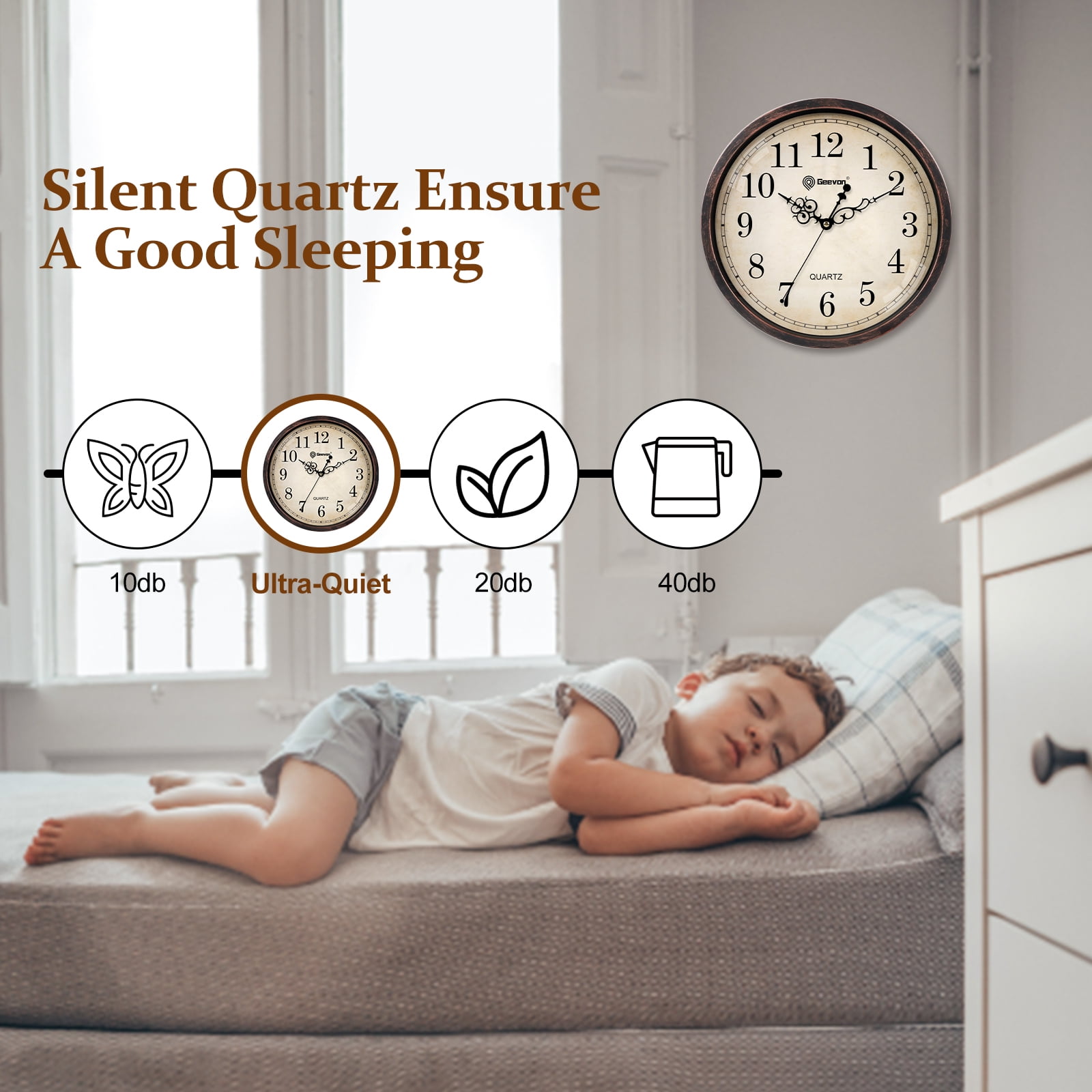 Geevon Vintage Wall Clock, Silent 12" Non Ticking Retro Round Clock Quartz Decorative Battery Operated Wall Clock for Kitchen, Office, Classroom, Bedroom, Living Room Decor