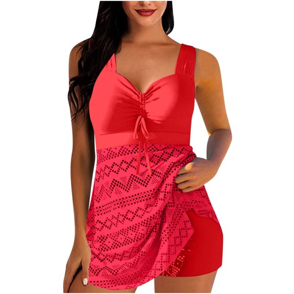 asdoklhq Modest Cotton Womens Tankini Bathing Suits Women's Conservative Solid Color Hollowed Out Camisole Split Swimsuit Set Red 3X