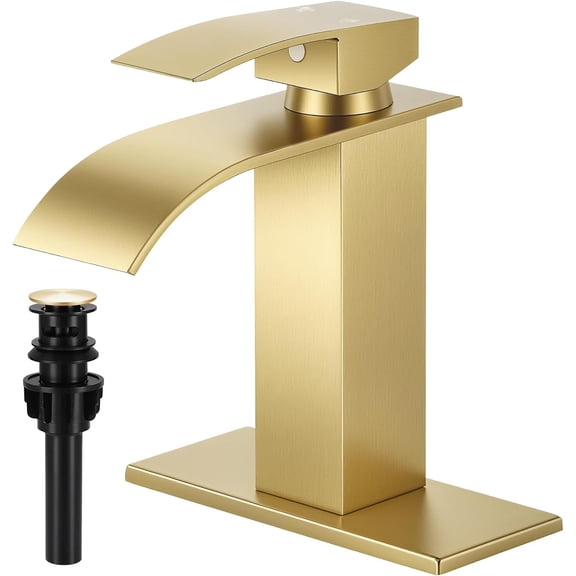 Brushed Bathroom Faucets, Waterfall Bathroom Sink Faucet Single Handle Bathroom Faucet for 1 or 3 Hole, Mixer Tap Vanity Faucet with Deck Plate, Pop-up Drain and Hoses