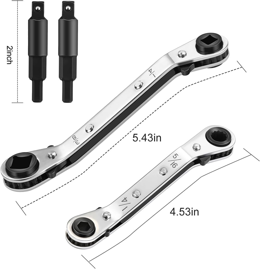 Hvac Service Wrench, Refrigeration Service Wrench Set, 3/8” to 1/4”, 5/16'' x 1/4'' Ratcheting Service Wrench with Hex Bit Adapter for Air Conditioning, Refrigeration Equipment,Equipment Repair