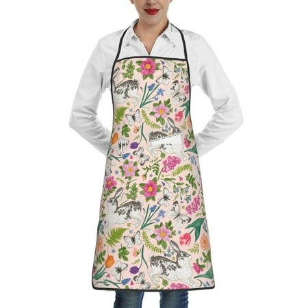 

Easygdp Bunny Floral Apron Waterdrop Resistant with 2 Pockets Oil Resistant Cooking Kitchen Chef Apron for Women Men
