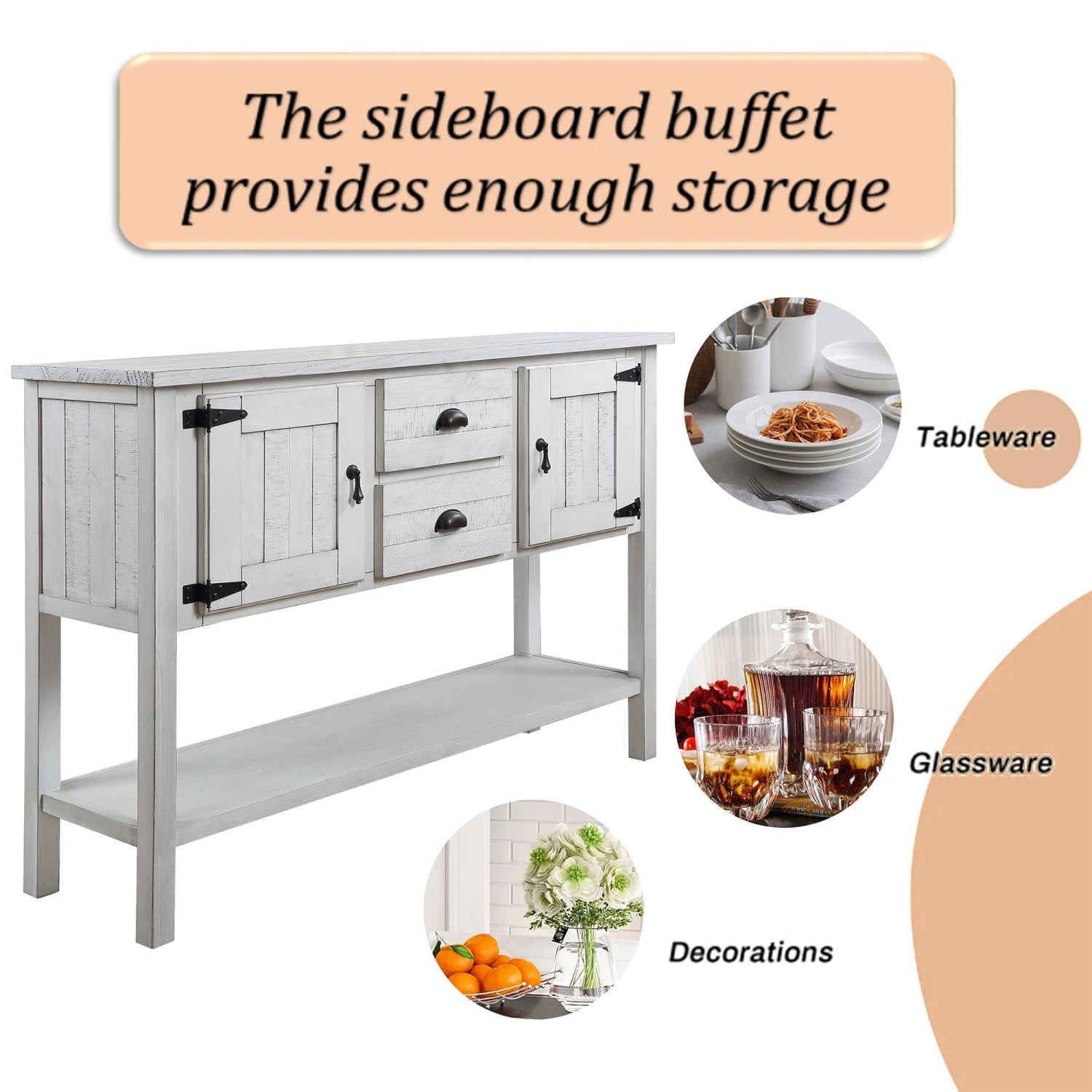 46.5" Solid Wood Sideboard Buffet Cabinet with 2 Drawers, 2 Doors and Bottom Shelf, Retro Console Table Storage Cabinet for Kitchen Dining Room Living Room, Antique White