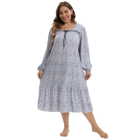 WBQ Women's Plus Size Nightgown Floral Printed Nightshirt Square Neck Long Sleeve Nightdress Soft Ruffle Sleepwear Loose Over Knee Length Gown Lounge Dress, XL-5XL