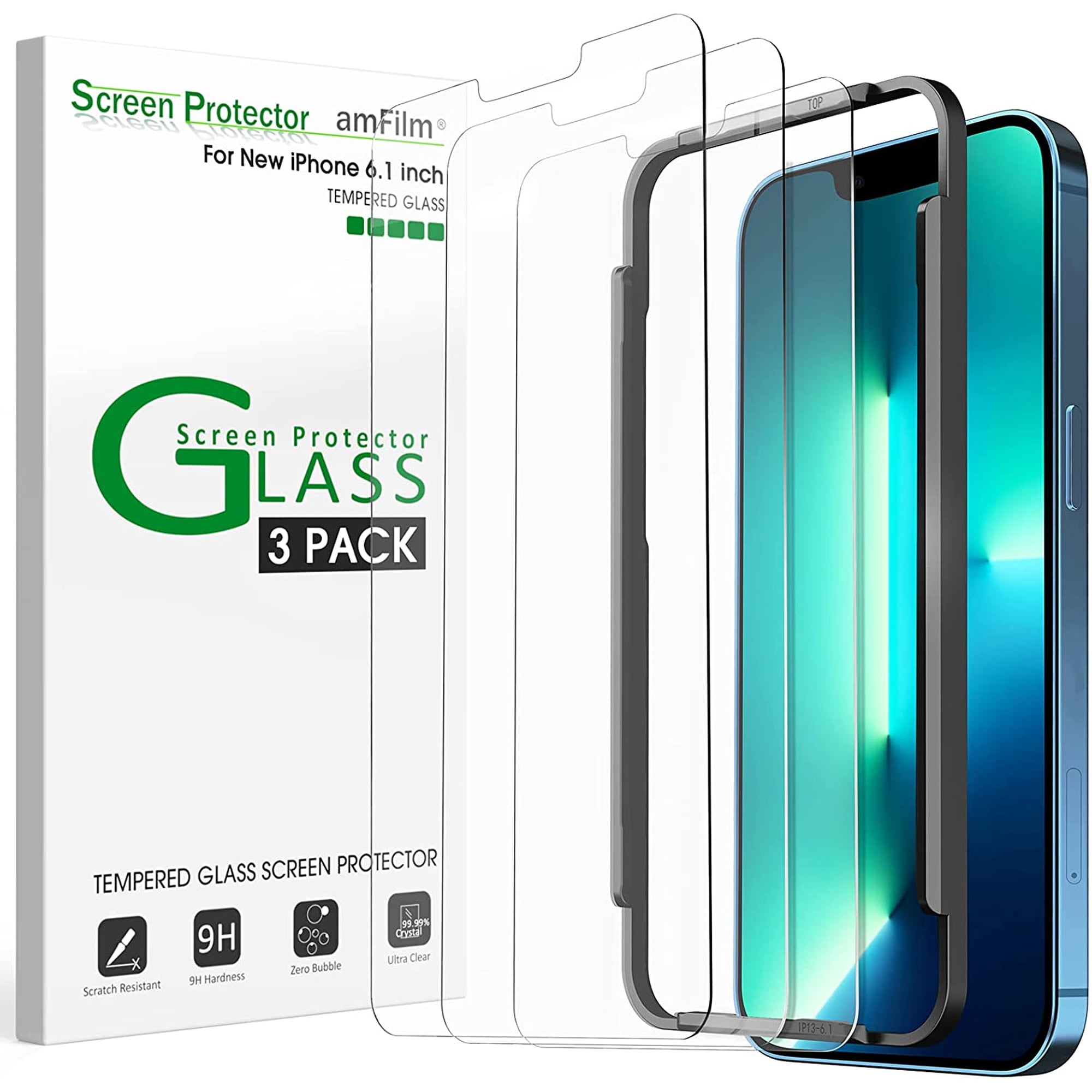 (3 Pack) amFilm iPhone 14 /iPhone 13 / iPhone 13 Pro Tempered Glass Screen Protector (6.1")