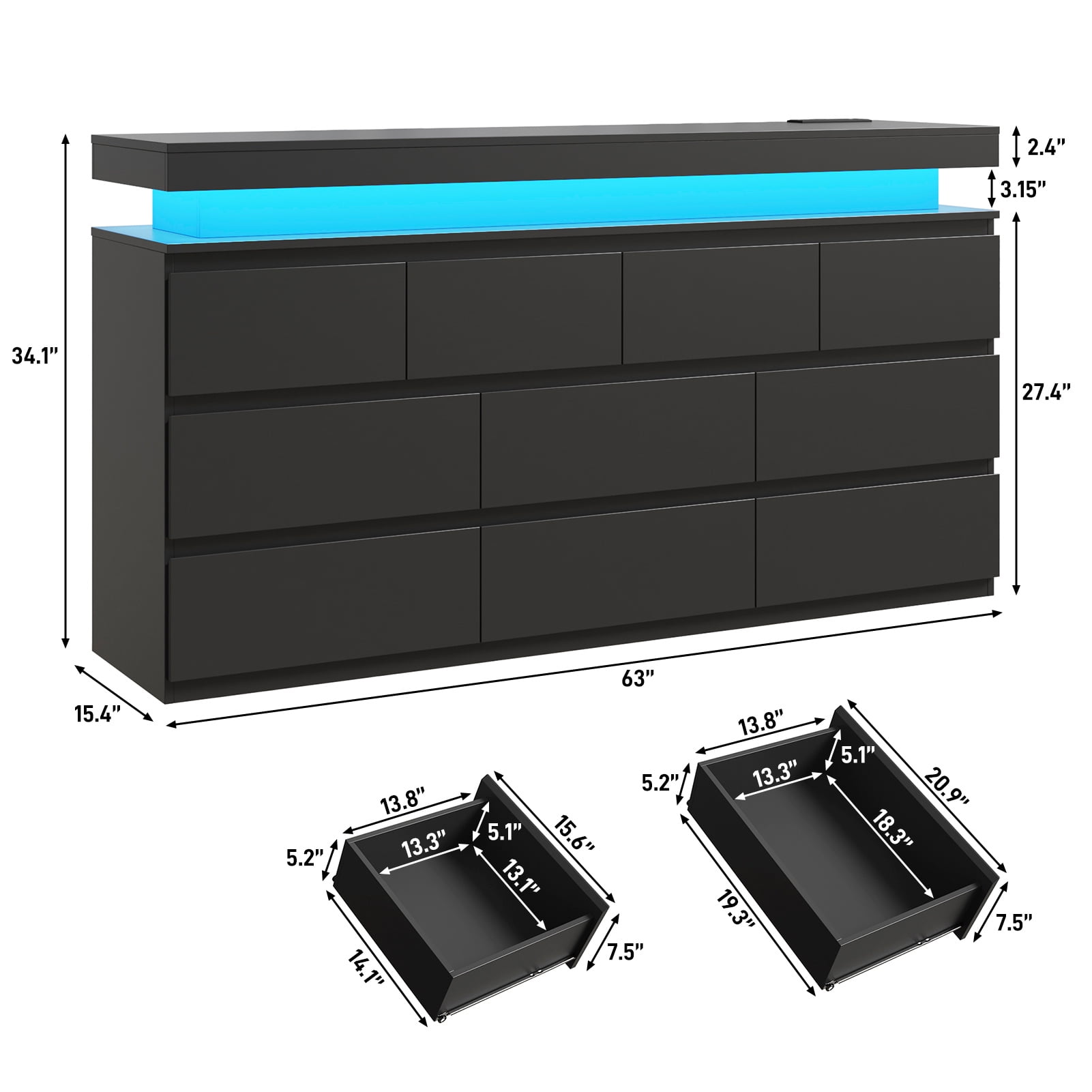 ChVans Black 10 Drawer Dresser with LED Lights, 63" Wide Modern Wood Chest of Drawers with Charging Station & Handle Free, LED Black Dresser for bedroom, Living Room, Entryway, Hallway