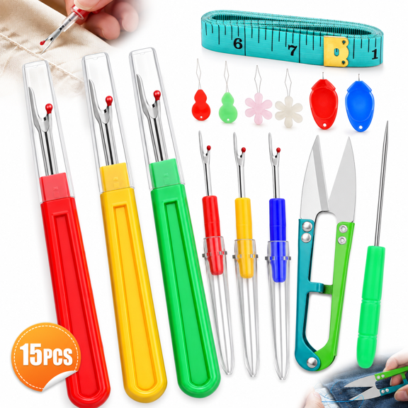 Emlimny 15PCS Seam Rippers for Sewing, Stitch Remover Tool, Needle Threaders, Tape Measure, Tailors Awl, Thread Snips Sewing Tools & Accessories for Hand Sewing, Alterations, Quilting