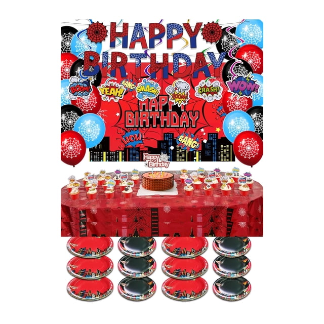 102 Piezas De Decoraciones Para Fiesta De Feliz Cumpleaños De Araña Para Niños, Kit De Fiesta Todo En Uno Con Pancarta, Cintas De Telón De Fondo, Conectores, Globos, Mantel, Adornos Para Pasteles, Rem