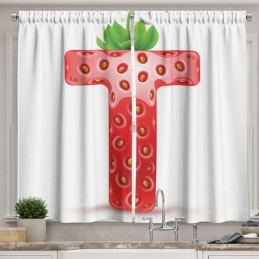 Ambesonne Letter T Kitchen Curtains, Harvest Strawberry Themed, 55"x45", Vermilion Orange and Green
