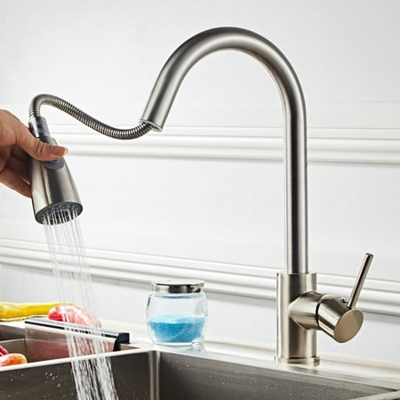 Stainless Steel Single Handle Pull Down Sprayer Kitchen Faucet, Pull Out Kitchen Faucets Brushed
