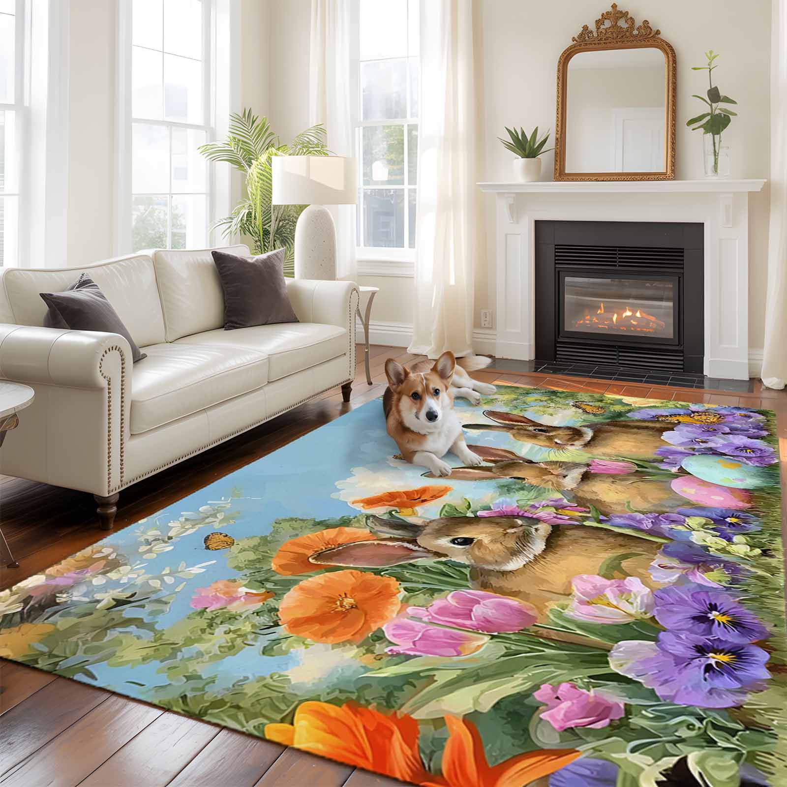 Large Area Rugs for Living Room Bedroom, Easter Bunnies 6'x9' Rug Washable Carpet Runner Indoor Outdoor, Spring Easter Eggs Garden Floral Non Slip Floor Mats Rug for Kitchen, Playroom