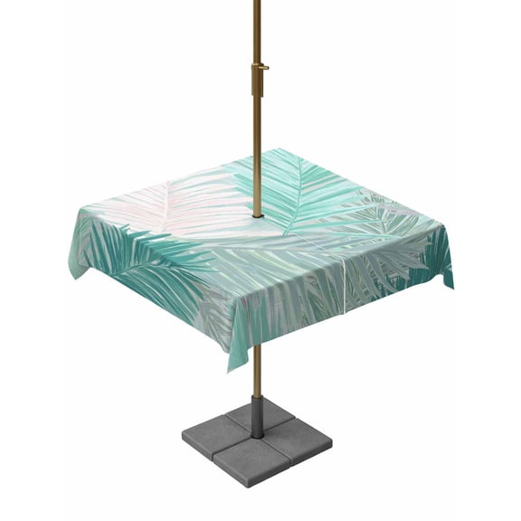 Outdoor Tablecloths with Umbrella Hole & Zipper, Teal Palm Leaves 60x60 Inch Square Tablecloths, Summer Tropical Plants Botanical Waterproof Table Cloth, Patio/Pool/Picnic Table Covers