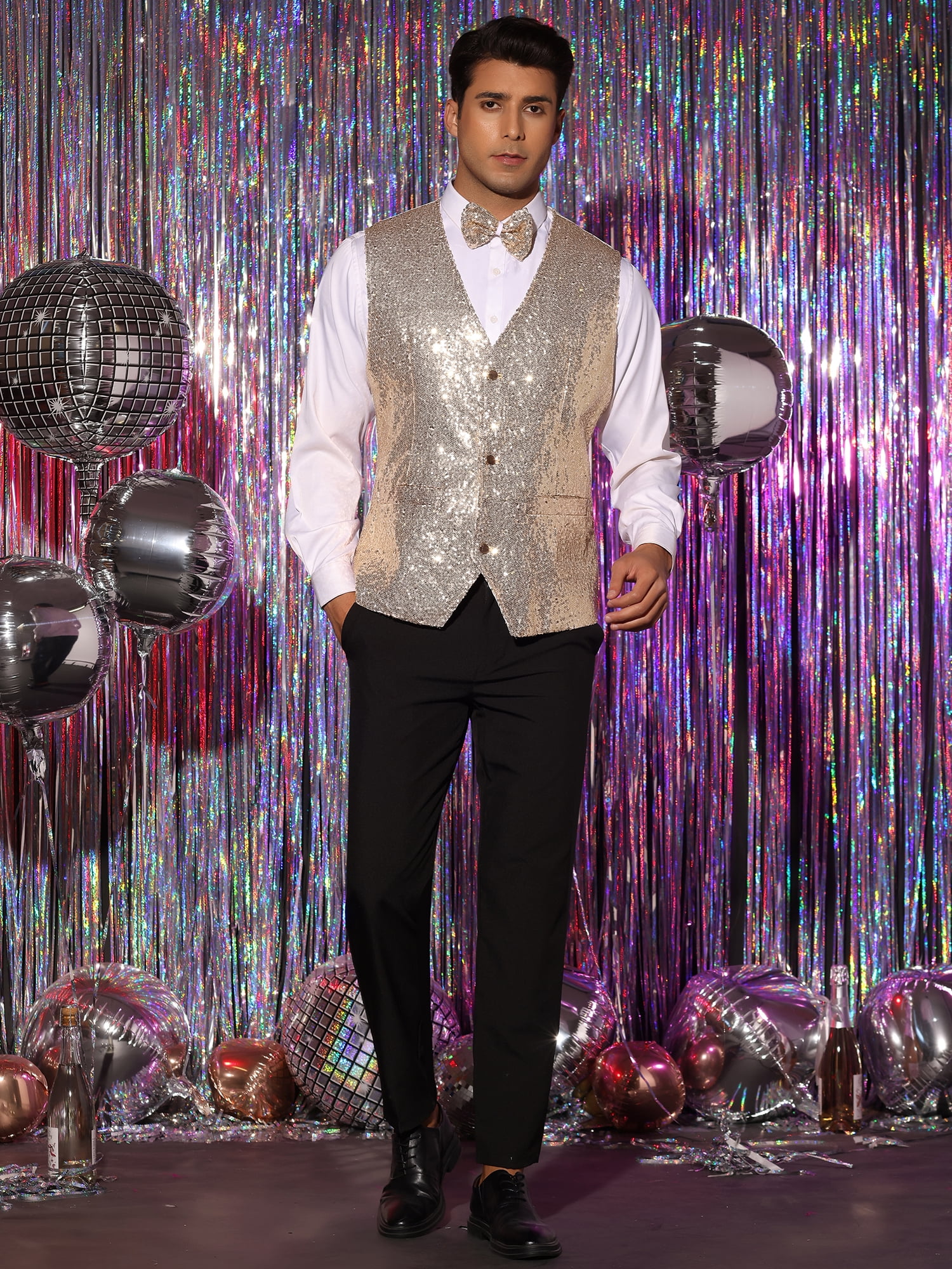 Unique Bargains Men's Sequin Waistcoat Sleeveless Dress Suit Vest with Bow Tie XL Champagne