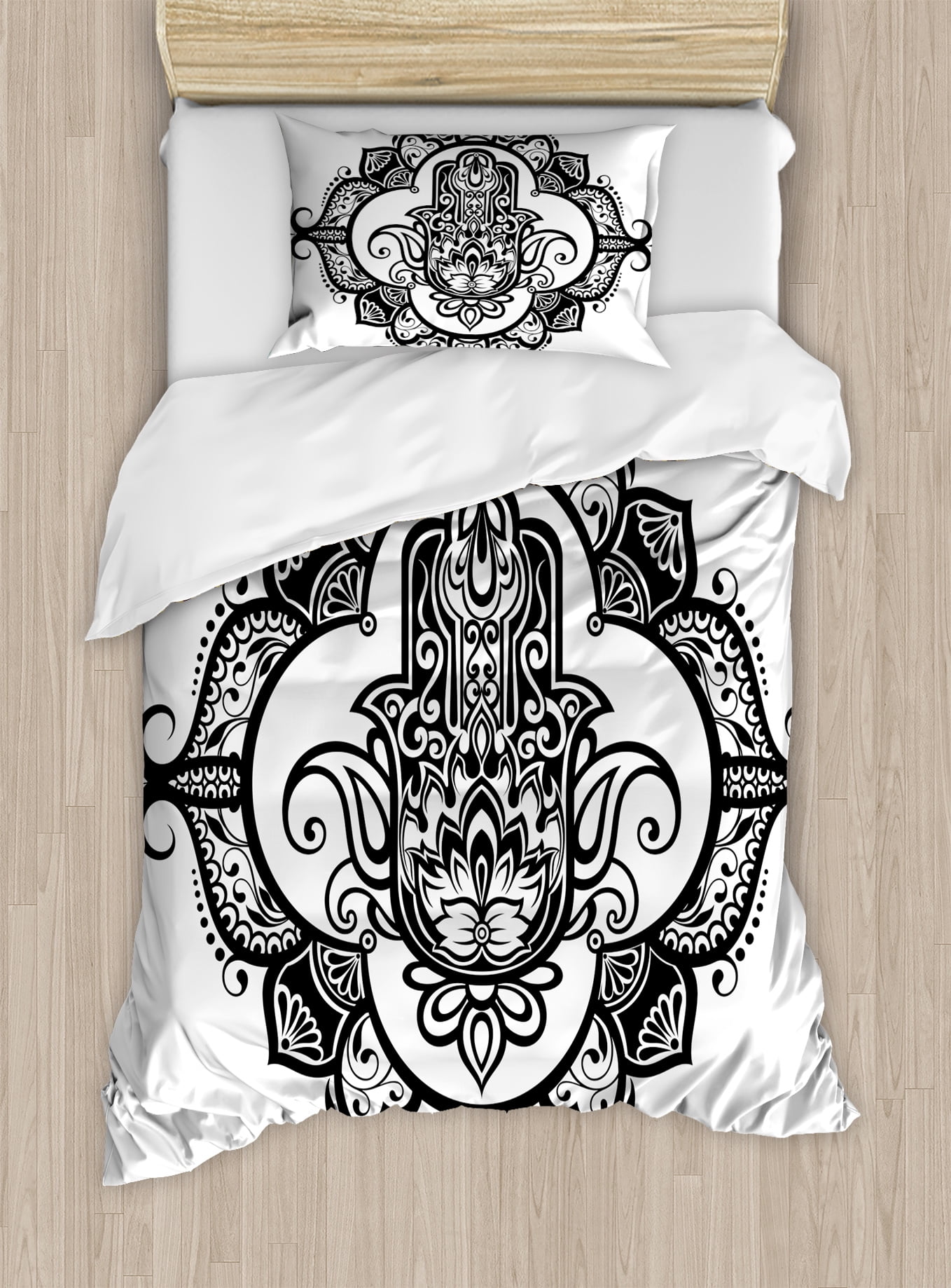 Hamsa Duvet Cover Set, Curvy Ornate Frame with Antique Religious Motif Floral Ethnic Tattoo Hand