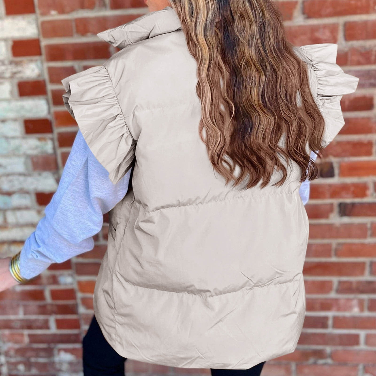 Lenpel Women's Padded Vests Button down Ruffle Sleeveless Puffer Jackets Lightweight Winter Coat with Pockets