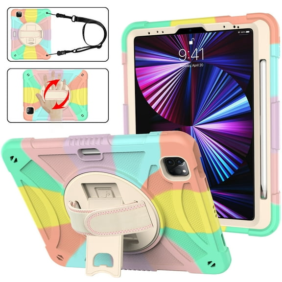 ELEHOLD for iPad Pro 11 inch 2022/2021/2020/2018, Air 5th/4th Generation Case 2022/2020 10.9", Heavy Duty Shockproof Rugged Handle Shoulder Strap Rotating Kickstand Cover with Pencil Holder, rosegold
