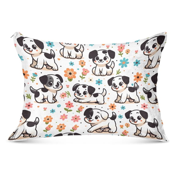 Cartoon Spotted Dog and Flower Plush Pillow Cases Standard Size Ultra Soft Warm Pillowcases with Zipper 20"x26"